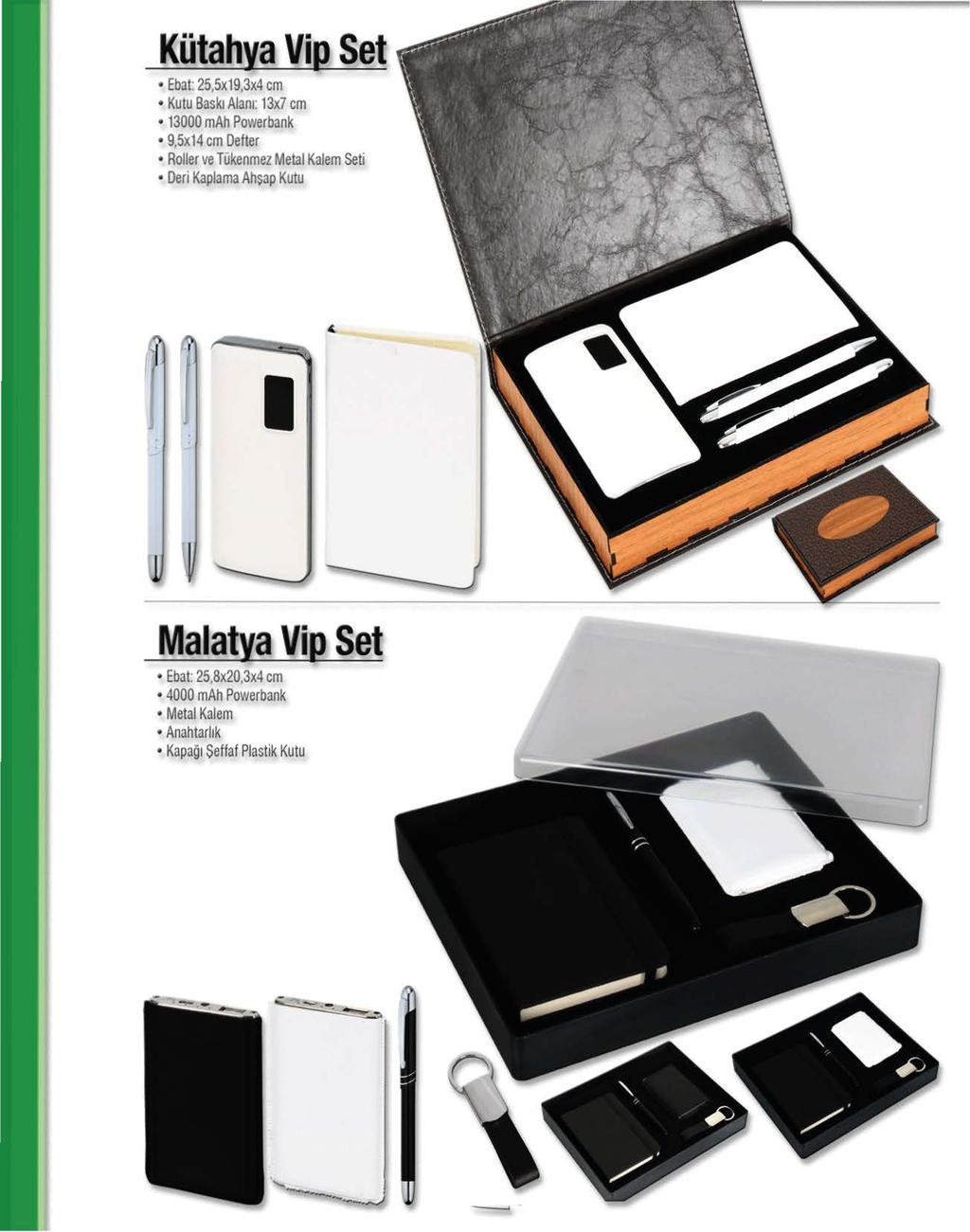 Kiitahya Vip Set Ebat: 25,5x19,3x4 cm Kutu Bask1 Alani: 13x7 cm 13000 mah Po\'1erbank 9,5x14 cm Defter Roller ve TOkenmez Metal Kalem Seti