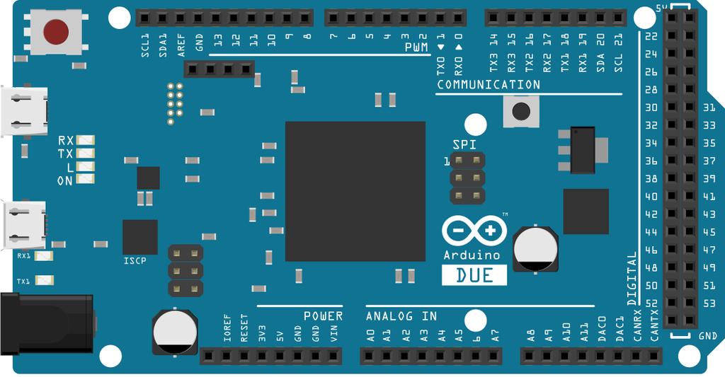 Atmel SAM3X8E ARM Cortex- M3 işlemciye sahip olan Arduino Due, 54 tane digital giriş/çıkış (12 tanesi PWM çıkış olarak kullanılabilen ) ve 12 tane analog giriş pinine sahiptir.