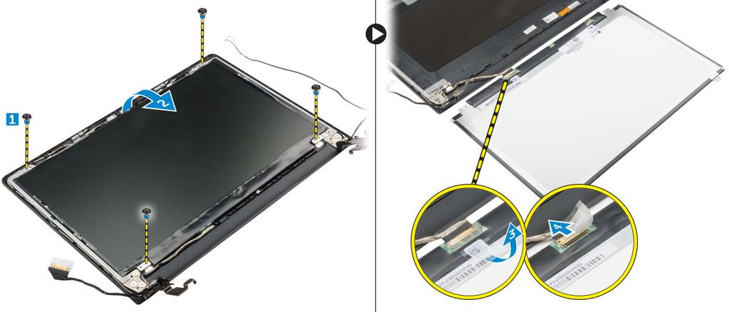 k l m güç konnektörü bağlantı noktası ekran aksamı ekran çerçevesi 3 Ekran panelini çıkarmak için. a Ekran panelini ekran aksamına sabitleyen vidaları sökün[1].