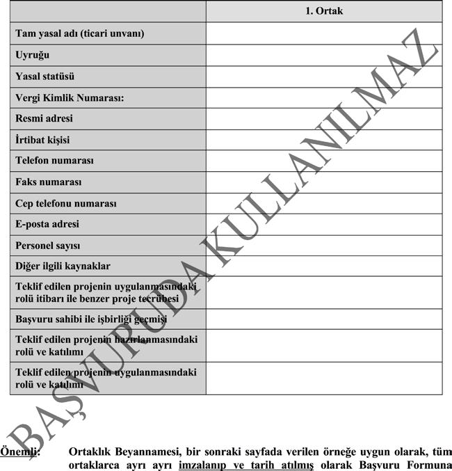 YATIRIM ALTYAPISININ GÜÇLENDİRİLMESİNE YÖNELİK KÜÇÜK ÖLÇEKLİ ALTYAPI III. BAŞVURU SAHİBİNİN PROJEYE KATILAN ORTAKLARI 1. ORTAKLARLA İLGİLİ BİLGİLER Bu bölüm, Başvuru Rehberi Bölüm 2.1.2 doğrultusunda her ortak kuruluş için doldurulacaktır.