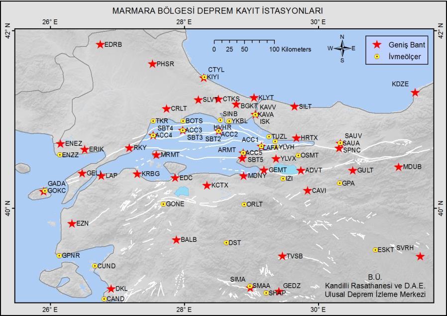 Şekil 1. Marmara bölgesinde deprem erken uyarı için kullanılan genişbant ve kuvvetli yer hareketi istasyonları 2.