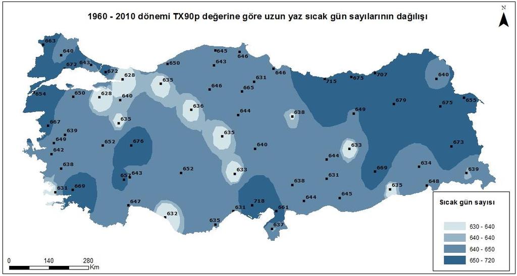 Şekil 4. 1960-2010 dönemi TX90p değerine göre uzun yaz sıcak gün ve sıcak dalga sayılarının dağılışı. Karadeniz Bölgesindeki 12 istasyona ait değerlerde genel anlamda bir azalma bulundu.