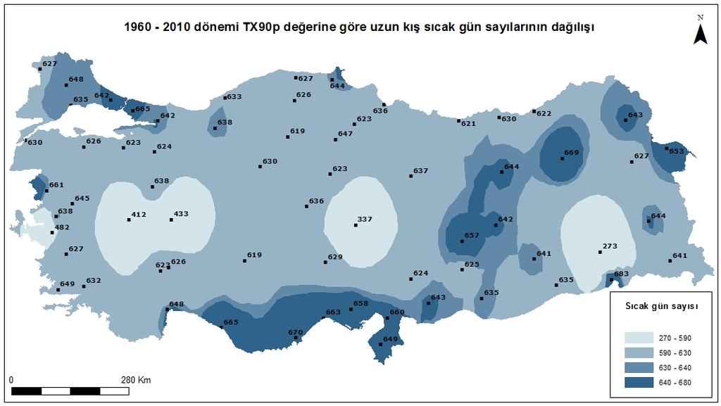 Şekil 6. 1960-2010 dönemi TX90p değerine göre uzun kış sıcak gün ve sıcak dalga sayılarının dağılışı.