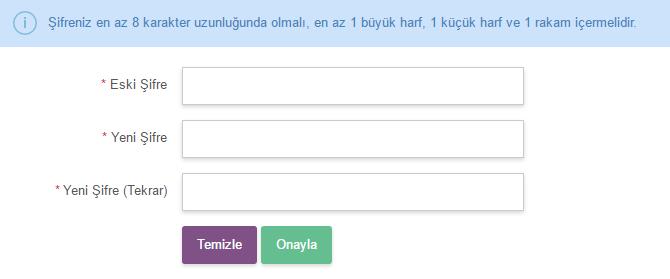 Şifre Değiştirme Ekranı inter-kep e girişte kullanılan şifrenin değiştirilebildiği ekrandır. Eski ve Yeni şifre girilerek Onayla butonuna basılır.