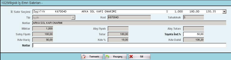 MİFT Formu içerisine; iş emri no, işlem tipi ve taleple ilgili bilgi notu girilir. Talep edilen tüm satırlar, müşteri için daha önce açılan iş emri içerisinden seçilerek MİFT formuna taşınır.