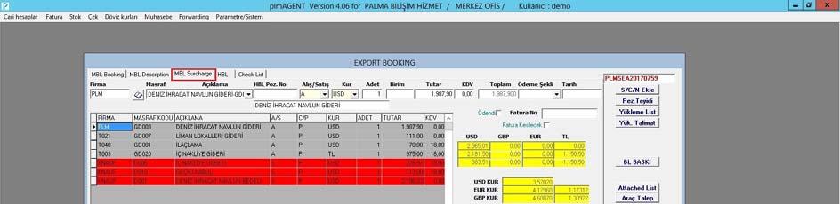 FORWARDING Deniz Export Booking Giriş MBL Description Türkçe ve ingilize mal cinsi tanımlanır ve yük durumuyla