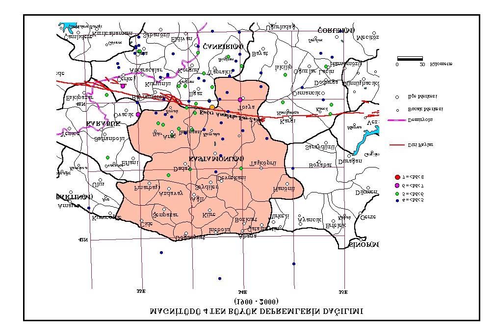 Şekil 2: Magnitüdü M 4 olan depremlerin dağılımı Aralık 942 Çorum Depremi: Aralık 942 tarihinde meydana gelmiş olup maksimum şiddeti Io:VI, magnitüdü Ms:5.9, derinliği 40 km, episantırı 40.76K, 34.