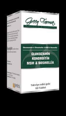 13155 Green Farma Glukozamin Kondroitin 60 Tablet İçindekiler (1 Tablette) Glukozamin Sülfat Kondroitin Sülfat Metilsülfonilmetan Akgünlük (Boswellia Serrata) Ekstresi Miktar 750 mg 300 mg 200 mg 100