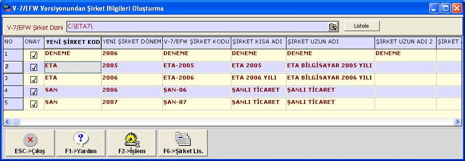 Ekran 29 : Şirket Listesi sayfası Ekran 29 da şirketler listelendikten sonra şirketlerin ETA:SQL/ETA:V.