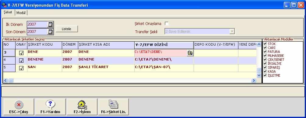 3. Toplu Hareket Transferi Ekran 32 den V7/EFW versiyonundaki hareket bilgileri ETA:SQL/ETA:V.8-SQL versiyonlarına transfer edilir. Bu bölüme girildiğinde; Đlk Dönem ve Son Dönem bilgileri seçilir.