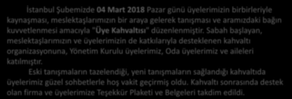 KAYNAŞMA KAHVALTISINDA ÜYELERİMİZLE BULUŞTUK İstanbul Şubemizde 04 Mart 2018 Pazar