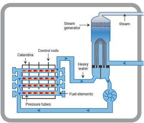 PHWR ler soğutucu ve yavaşlatıcı olarak, yakıt olarak doğal uranyum oksidin (%0,7 U-235) zenginleştirilmeden kullanılmasını sağlayan ağır su (döteryum oksit D2O) kullanır.