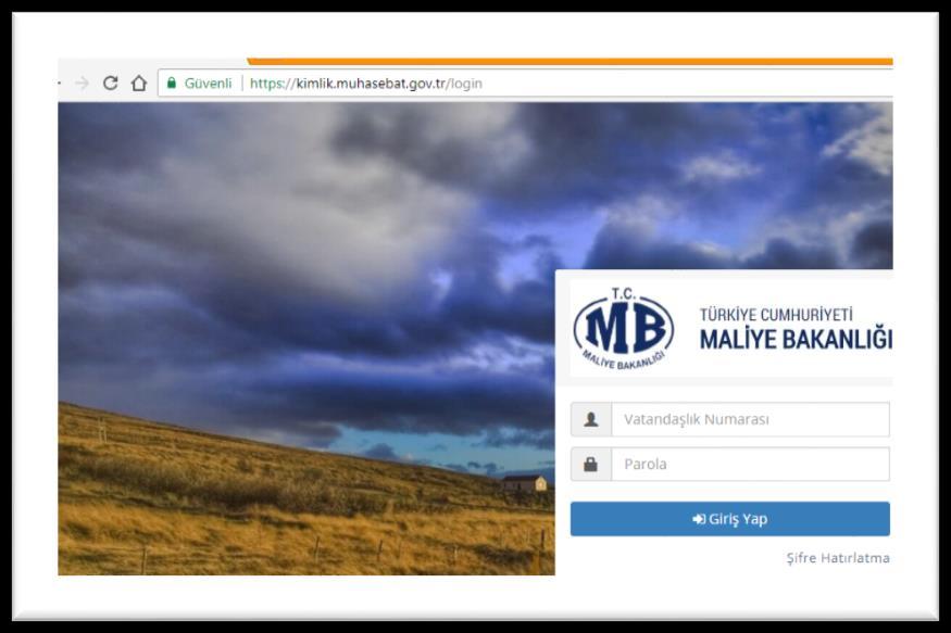 Şifre kayıt işlemi gerçekleştirildikten sonra https://kimlik.muhasebat.gov.tr/login adresinden Vatandaşlık numarası ve belirlemiş olduğunuz şifre ile giriş yapınız.
