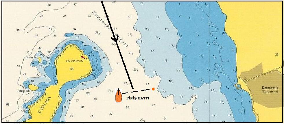 - Finiş (Çatal Ada Turgutreis) ÇAKABEY-936 YARIŞI FİNİŞ HATTI Çatal Ada genel doğu yönünde demirli Yarış Komitesi teknesi üzerindeki turuncu kerteriz bayrağı taşıyan gönder ile finiş şamandırası