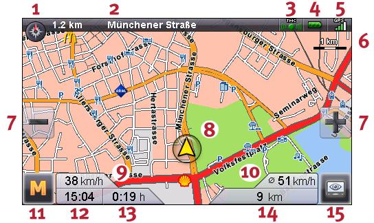 - 11 - Çözünürlük: 480 x 272 piksel Pusula göstergesi Hız göstergesi O anda bulunduğunuz sokak 1 Ortalama hız TMC sinyal alma gücü Ana menü/autozoom 2 Batarya durumu göstergesi Tahmini varış zamanı