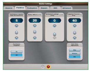 Şekil 2-46 Doktor Ayarları İletişim Ekranı - Flüidikler Sekmesi Custom / Doctor Settings / Fluidics (Özel / Doktor Ayarları / Flüidikler) Sekmesi Continuous Irrigation Auto-Off Threshold (Sürekli