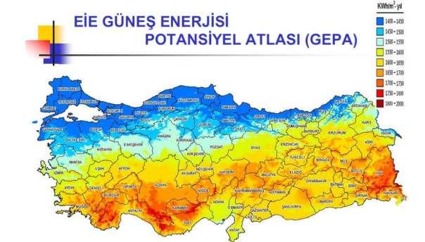 Türkiye Güneş Enerjisi Haritası Türkiye Güneş Enerji Atlasına görüldüğü gibi güney bölgenin tamamının güneş enerjisinden faydalana bildiği görülmektedir.