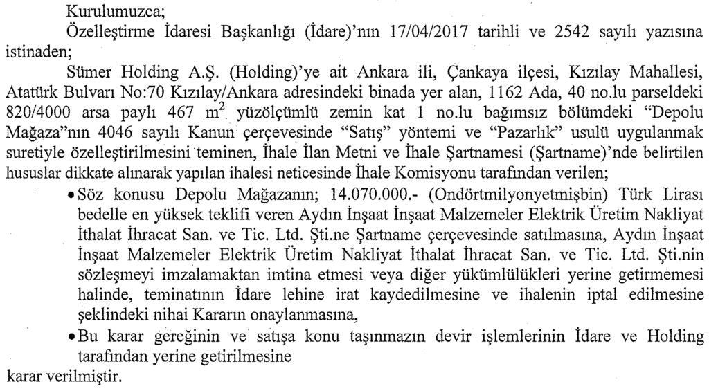 Özelleştirme İdaresi Başkanlığından: ÖZELLEŞTİRME YÜKSEK KURULU KARARI Tarih : 24/05/2017