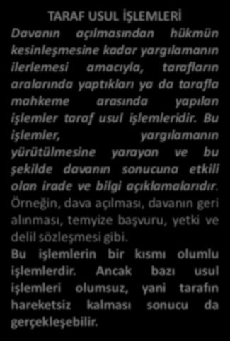 USUL İŞLEMLERİ TARAF USUL İŞLEMLERİ Davanın açılmasından hükmün kesinleşmesine kadar yargılamanın ilerlemesi amacıyla, tarafların aralarında yaptıkları ya da tarafla mahkeme arasında yapılan işlemler