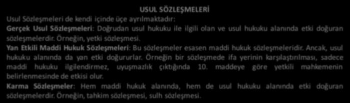 USUL SÖZLEŞMELERİ Usul Sözleşmeleri de kendi içindeüçe ayrılmaktadır: Gerçek Usul Sözleşmeleri: Doğrudan usul hukuku ile ilgili olan ve usul hukuku alanında etki doğuran sözleşmelerdir.