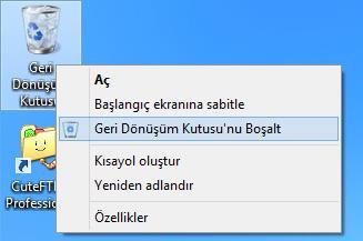 Geri Dönüşüm Kutusunu Kullanma: Geri dönüşüm kutusuna atılan dosyalar ile ilgili şunlar yapılabilir.