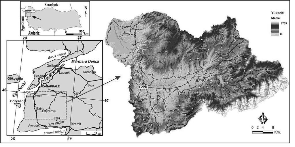 Şekil1.AraştırmaalanınınÇanakkaleilisınırlarıiçerisindekikonumu. Figure1.ResearcharealocationinÇanakkaleProvince.