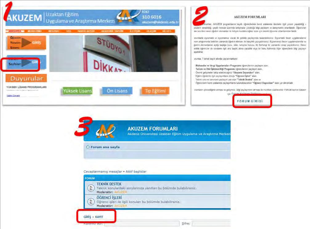 2. Forumlara Kayıt İşlemleri AKUZEM web sayfasına giriniz (http://akuzem.akdeniz.edu.tr/tr) ve aşağıda verilen ekran görüntülerini (Şekil 2.