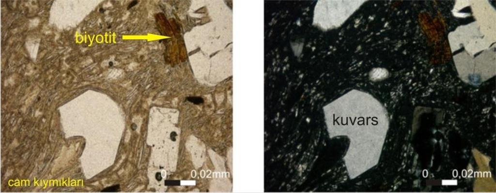 Tüflerde mineral içeriğinin; sanidin, plajiyoklas, kuvars ve üst seviyelerdeki tüflerde de bol biyotit içeriği olduğu tesbit edilmiştir.