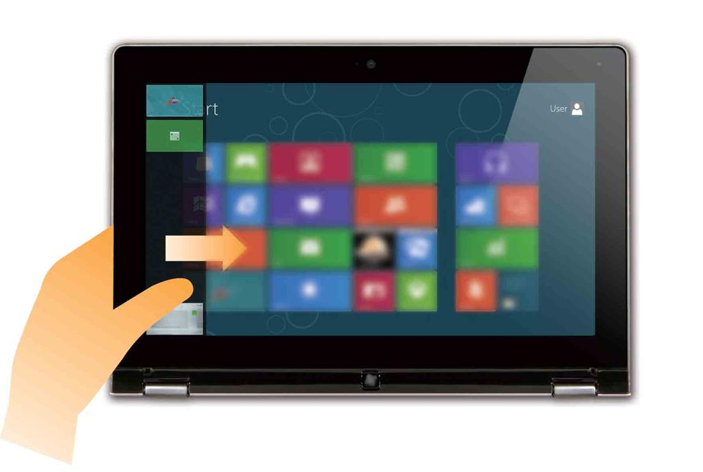 Bölüm 2. Windows 8 i kullanmaya başlayın (devamı) Sık kullanılan hareketler Çekme Parmağınızı ekranın herhangi bir kenarından başlayarak, ekranın ortasına doğru kaydırın.