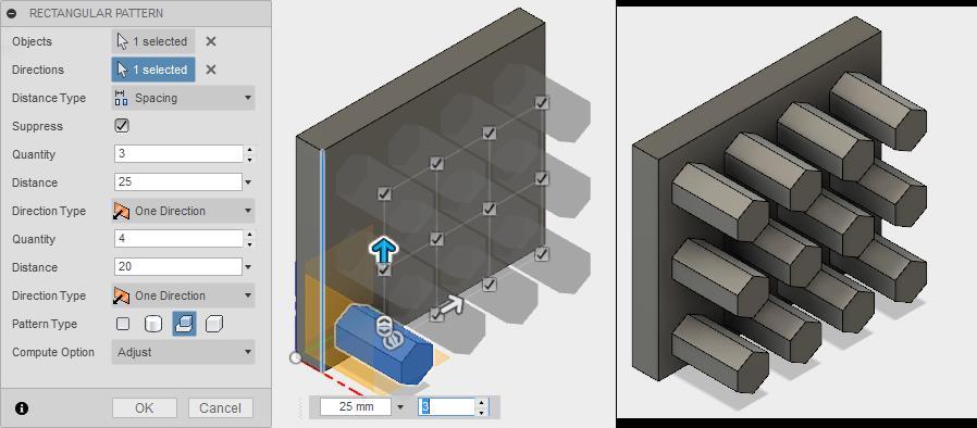 Doğrusal çoğaltmada işlem sırası şöyledir: Komuta girilir. Ekrana Rectangular Pattern diyalog kutusu gelir. Objects kutusu ile parça üzerindeki altıgen parça seçilir.