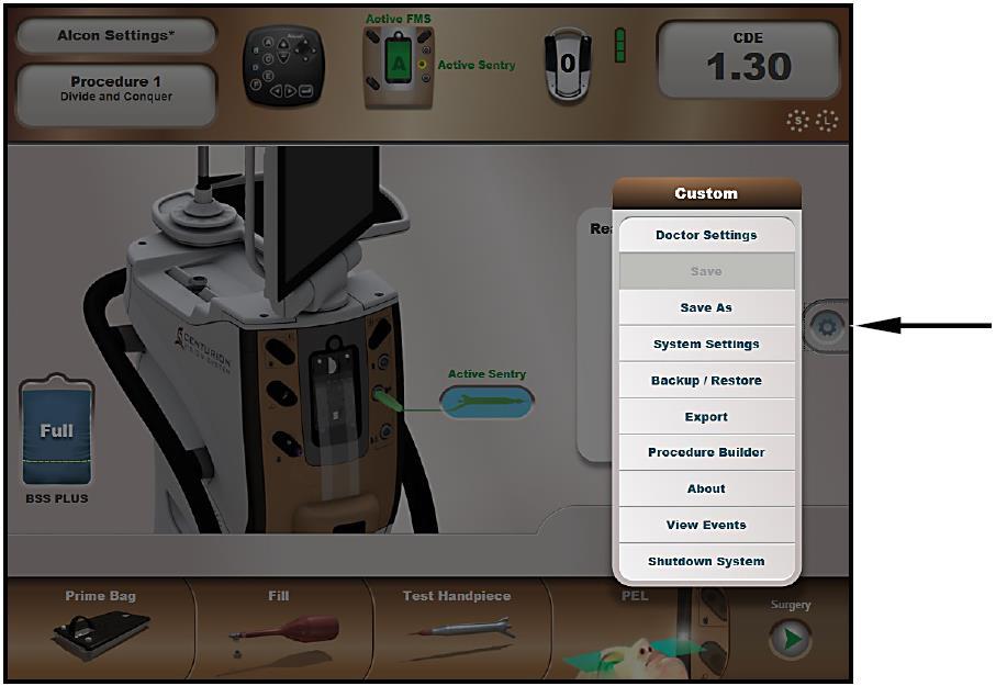 2.1 Custom (Özel) Düğmesi Ayar ve Ameliyat ekranının sağ tarafında ekranın yarısında bulunan Custom (Özel) düğmesi, kullanıcının sistem ayarlarını, doktor ayarlarını ve bazı cerrahi ayarları