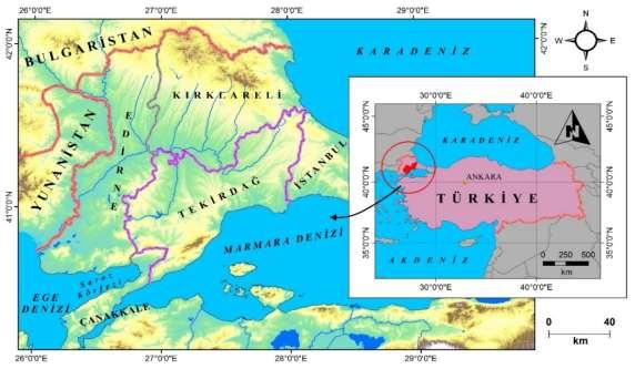 838 2. İnceleme Alanı Türkiye nin kuzeybatısında bulunan Tekirdağ ili, Trakya Yarımadasında kalmakta olup, kuzeydoğusundan Karadeniz ve güneyinden de Marmara Denizi ile çevrelenmiştir.