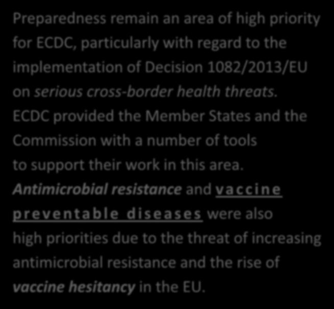 E - C D C A n n u a l R e p o r t - 2017 Preparedness remain an area of high priority for ECDC, particularly with regard to the implementation of Decision 1082/2013/EU on serious cross-border health