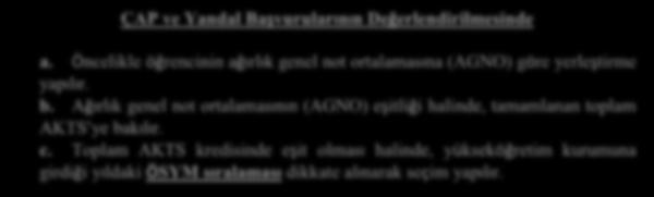 DEĞERLENDİRME İŞLEMLERİ ÇAP ve Yandal Başvurularının Değerlendirilmesinde a.