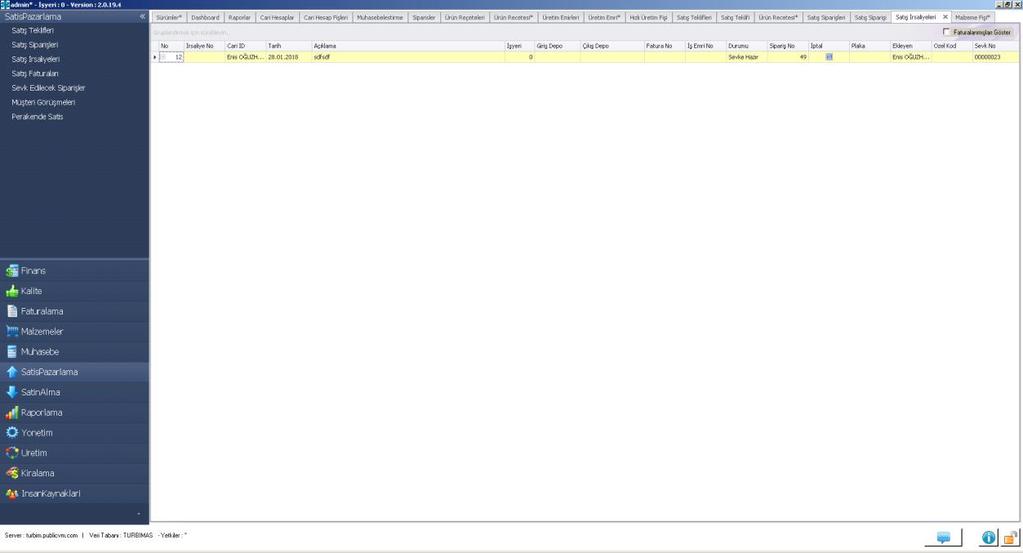 Bu ekranda Satış İrsaliyeleri görülebilmektedir.