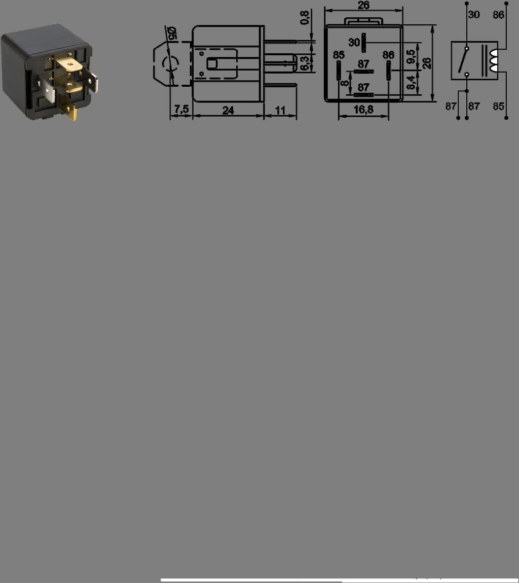 Mini ISO Röle Ürün Kodu 700.130.202 12V 30A Sürekli SPST NO / 1 Form A 5 Terminalli Terminal Yapısı & Boyutlar & Diyagram Aksesuarlar 207.100.