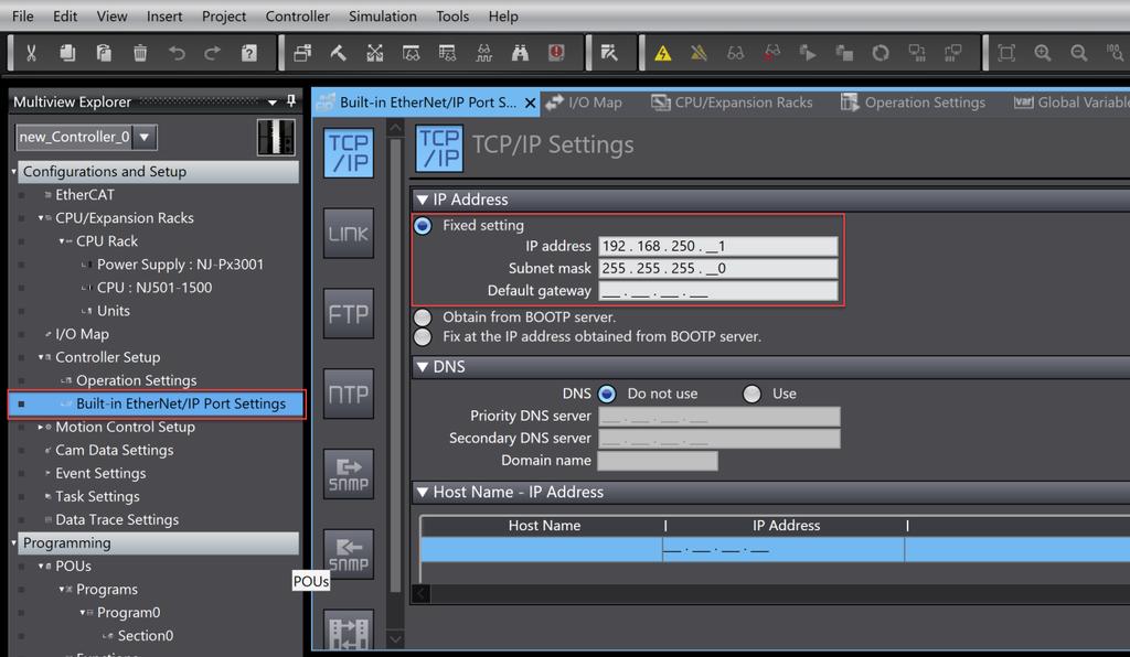 4. Sysmac Studio da NJ501 e IP atama Sysmac Studio da cihaz tanımlandıktan ve proje başlatıldıktan sonra Ethernet/IP ayarları aşağıdaki gibi yapılmalıdır.