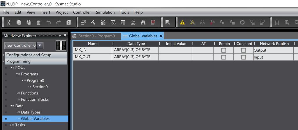 MX_IN ve MX_OUT değişkenleri Global Variables ta 4 byte lık birer array olarak tanımlanmıştır (DWORD olarak da tanımlanabilir).