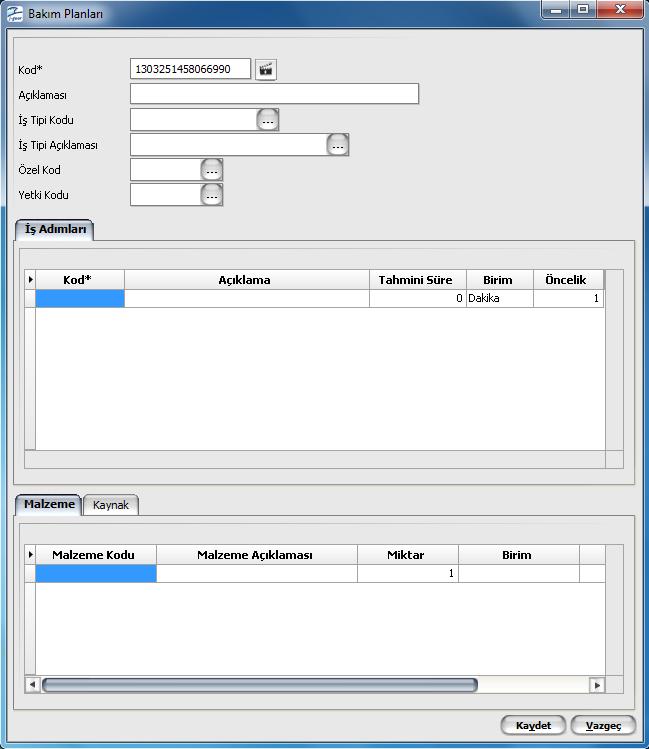 Kod Açıklaması İş Tipi Kodu İş Tipi Açıklaması Özel Kod Bakım planı kayıt kodudur. Kod alanı bilgi girilmesi zorunlu bir alandır. Bakım planı tanımının adı ya da açıklayıcı bilgisidir.