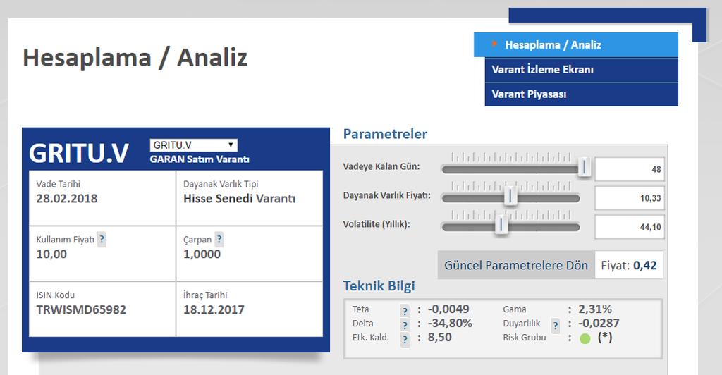 Duyarlılık Duyarlılık hesaplanırken varantın deltası ve çarpanı kullanılır. Değeri sabit değildir, varantın deltası değiştikçe duyarlılık değişecektir.