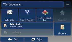 11 Navigasyon Güvenlik Bilgileri 1 2 Varış Noktasının Girilmesi 3 Varış noktası menüsünde aşağıdaki fonksiyon ve göstergeler bulunmaktadır: Anahtar kelimeler ile varış noktası bulma çubuğu.