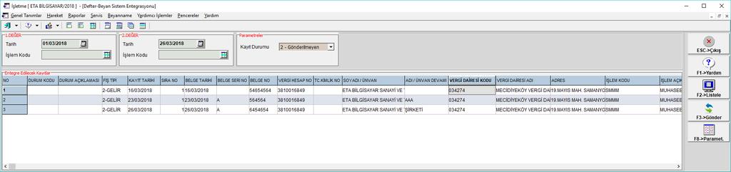 F3-Gönder butonuna basıldığında bilgiler defter-beyan sistemine aktarılır.