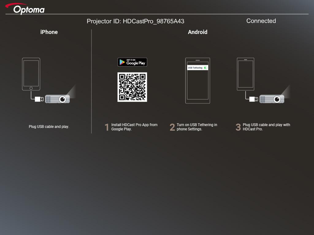 USB Display Not: USB Görüntüleme işlevi, akıllı aygıttan projektöre paylaşılan bir bağlantı gerektirir. Akıllı aygıtınızın ekranını projektöre yansıtmak için şu adımları izleyin: 1.