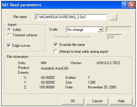 olarak DWG/DXF solid parameters menüsü ekrana gelir. Gerekli seçimler yapılarak OK butonuna basılır.