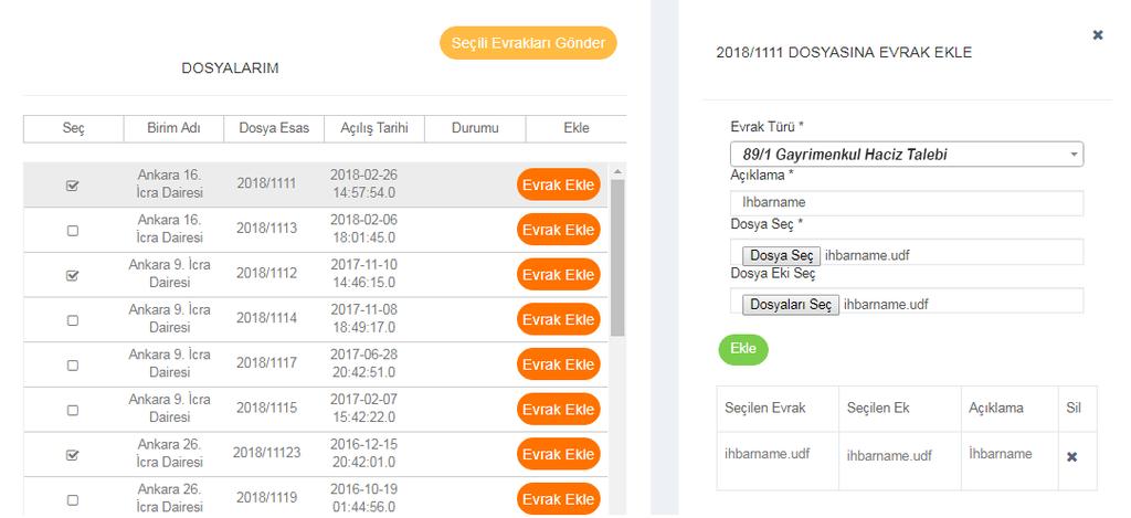 Seçili Evrakları Gönder butonuna tıkladığınızda gönderme işlemi başarılı değil ise, gönderilen dosyanın bilgilerinin yer aldığı satırı kırmızı