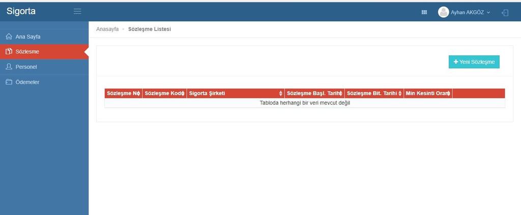 Soldaki menüden Sözleşme kısmına tıklanır. Aşağıdaki ekran ilgili alanlar boş olacak şekilde gelir.