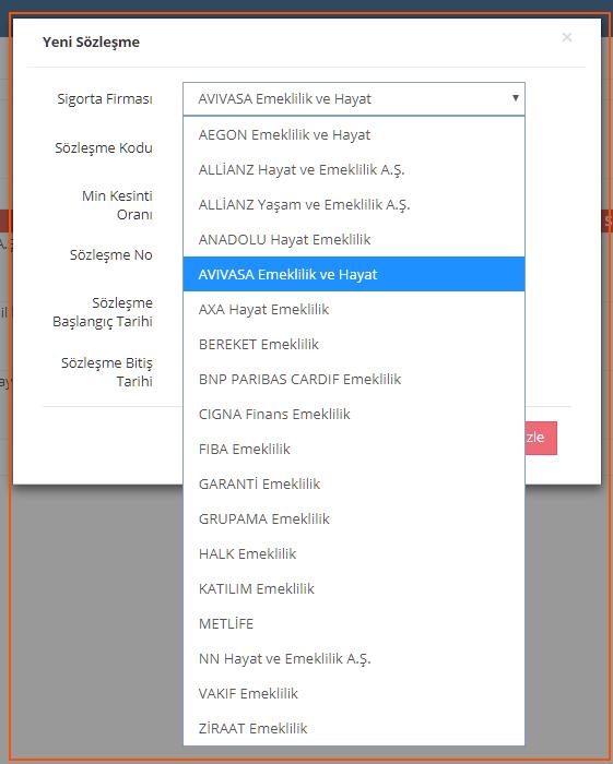 Açılan bu ekranda Anlaşma sağlanan ilgili firma seçilir Sözleşme numarası girilir Sözleşme başlangıç tarihi