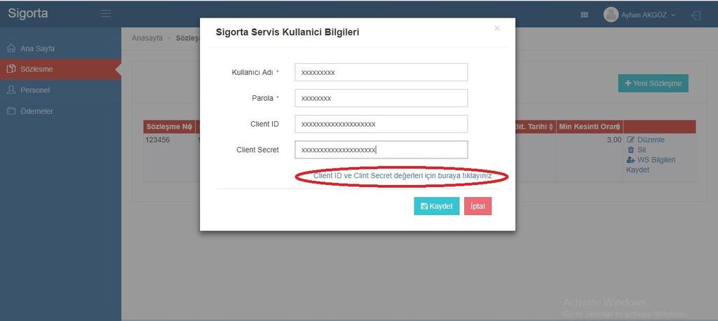 WS Bilgileri Kaydet tıklanır. Bu ekrandaki alan Sözleşme imzaladığınız Sigorta firmasına göre farklılık göstermektedir. Bu WS bilgilerindeki Şifreler için Lütfen BES firması ile iletişime geçiniz.