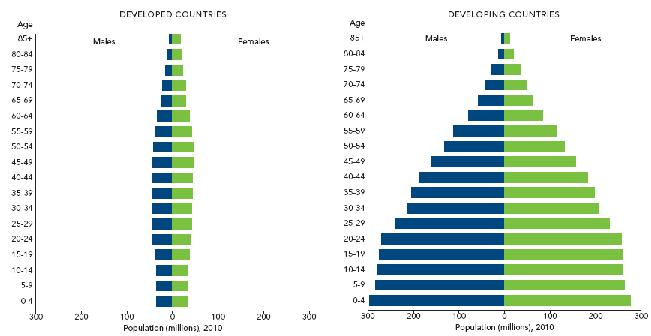 Gelişmiş ve gelişmekte olan ülkelerin yaş gruplarının dağılımı Nüfus