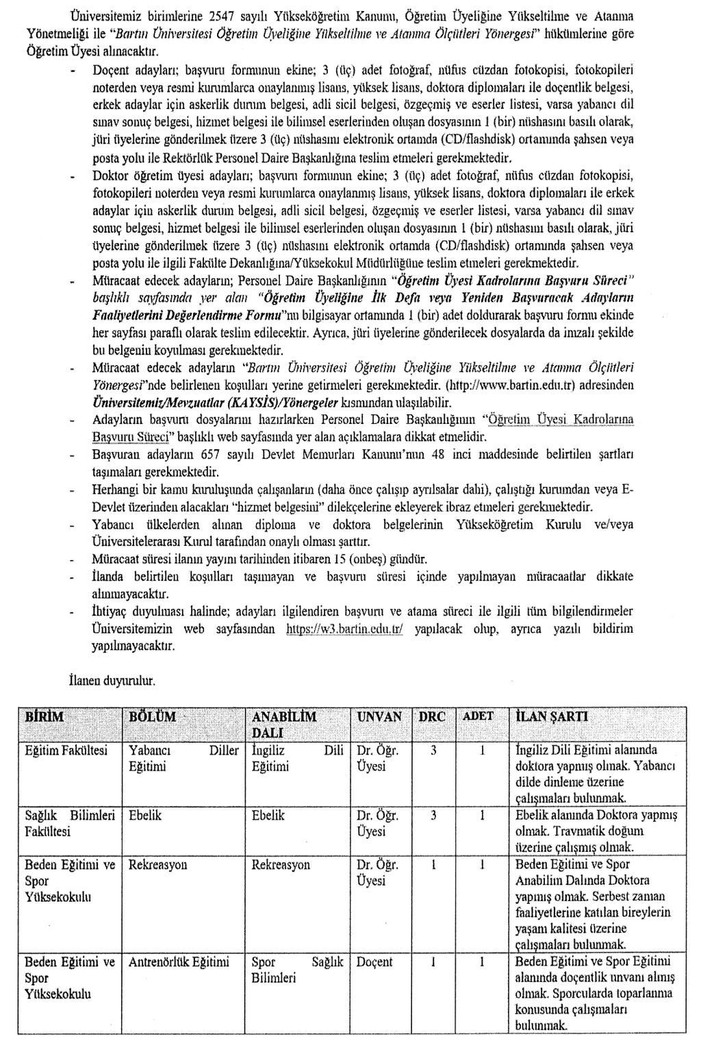 Sayfa : 168 RESMÎ GAZETE 4 Aralık 2018 Sayı : 30615 Bartın